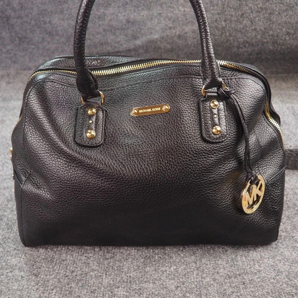 Michael Kors Large Dome Satchel Bag Black Pebbled Leather Gold 38H5CMKS3L